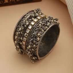 Aatmana Oxidized Kundan Studded & Pearl Beaded Silver Cuff Bracelet-23