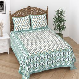 Desi Mantra White & Blue Floral 120 TC Queen Bedsheet with 2 Pillow Covers-image-93