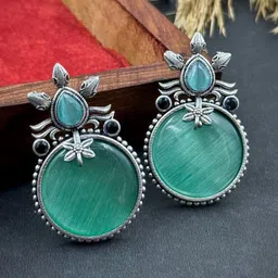 NAMAN ARTS Silver-Plated Artificial Stones Studded Circular Shaped Drop Earrings-91