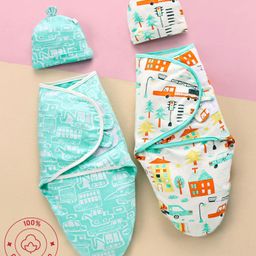 Bonfino Premium Organic Cotton Swaddle Wraps with Cap Transport Print Set of 2 - Blue-image-16