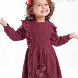 Babyoye Eco Conscious 100% Cotton Solid Cable Knit Full Sleeves Sweater Frock - Red-image-84
