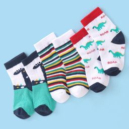 Cute Walk by Babyhug Cotton Blend Ankle Length Anti Bacterial Socks Dino Design Pack of 3 - White & Blue-image-40