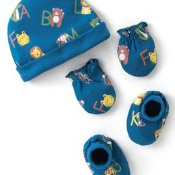 Babyhug 100% Cotton Knit Cap Mittens & Booties Set Lion Print - Blue-41