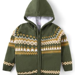 Babyhug Knitted Full Sleeves Front Open Hooded Sweater With Floral Design - Olive Green-image-39
