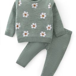 Babyhug Knitted Full Sleeves Sweater Set with Floral Design - Green-image-85