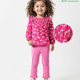 Babyoye 100% Cotton Knit Full Sleeves Frill Detailed Top & Leggings Set With Butterflies Print - Pink & Fuchsia-image-43