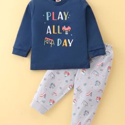 Zero Interlock Knit Full Sleeves Night Suit With Car & Text Print - Medium Blue & Ash-image-53