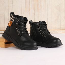 Pine Kids Winter Boots with Lace Up Closure &  Houndstooth Pattern - Black-image-30