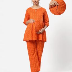 Ikk Kudi by Seerat Cotton Woven Three Fourth Sleeves Bandhani Printed Peplum Top With Zipper Nursing Access & Pant Set - Orange-image-74