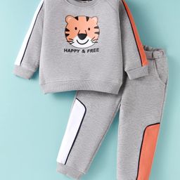 ToffyHouse Fleece Knit Full Sleeves Winter Wear T-Shirt & Lounge Pant Set With Tiger Print & Cut & Sew Design - Light Grey-image-80