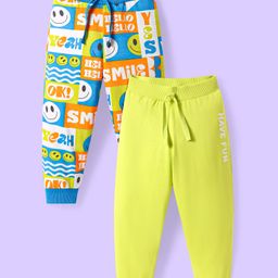 Babyhug Single Jersey Knit Full Length Lounge Pants with Smiley Print Pack of 2 - Yellow & Blue-image-82