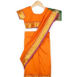 Little Ginnie Kanjivaram Zari Border Detailed Saree With Half Sleeves Blouse - Orange-image-3