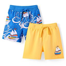 Babyhug Cotton Knit Mid Thigh Length Shorts with Nautical Theme Print Pack of 2 - Yellow & Blue-image-46