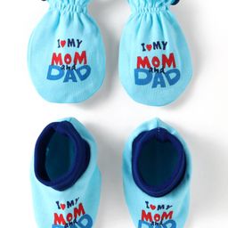 Babyhug Interlock Knit Mittens & Booties With Text Print - Light Blue-15