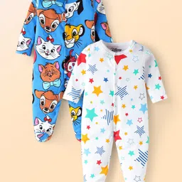 Babyhug Disney Interlock Knit Full Sleeves Footed Sleep Suits with Star & Disney Character Graphics Pack of 2 - White & Blue-picture-19