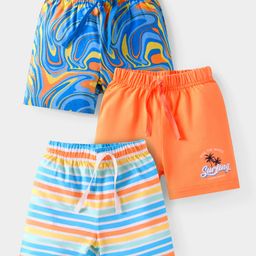 Babyhug Cotton Knit Mid Thigh Length Shorts with Beach Theme Print & Stripes Pack of 3 - Orange & Blue-image-27