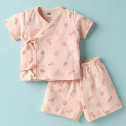 Zero Sinker Knit Half Sleeves Shorts Co-Ord Night Suit With Animal Print - Peach-image-81
