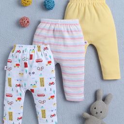 BUMZEE Cotton Pack Of 3 Striped & Vehicles Printed Diaper Leggings - Yellow & White-image-26