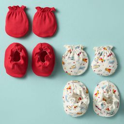 Ben Benny 100% Cotton Interlock Knit Mitten & Booties Set with Aeroplane Print Pack of 2 - White & Red-picture-9