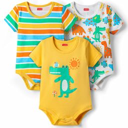 Babyhug 100% Cotton Knit Half Sleeves Striped & Dino Printed Onesies Pack of 3 - Yellow & White-image-69