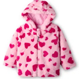 Babyhug Woven Full Sleeves Hooded Winter Fur Jacket with Heart Print - Pink-picture-32