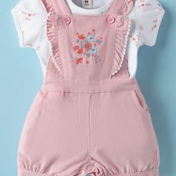 ToffyHouse Corduroy Knit Half Sleeves Floral Printed & Embroidered T-Shirt & Dungaree Set With Frill Detailing - Pink & White-image-18
