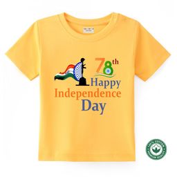 BLUSHES 100% Cotton Knit Independence Day Theme Half Sleeves 78th Happy Independence Day Text Printed Tee - Yellow-image-58