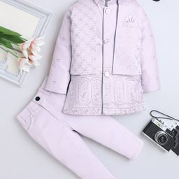 Fourfolds Woven Full Sleeves Sequin Embellished & Floral Embroidered Sherwani & Trouser Set With Jacket - Lavender-picture-14
