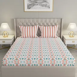 Raymond Home White & Teal Geometric 120 TC Queen Bedsheet with 2 Pillow Covers-image-42