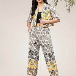 WineRed Floral Printed Lapel Collar Short Sleeves Pure Cotton Shirt With Trouser-image-68