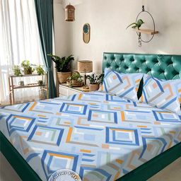 KLOTTHE Blue & White Geometric 300 TC King Bedsheet with 2 Pillow Covers-picture-13