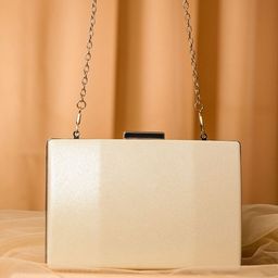Rubans Champagne Gold Tone Glossy Box Clutch with Metal Chain & Luxe Finish-image-77