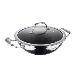 Bergner Hitech Silver Stainless Steel Induction Base Kadai 24 cm diameter with Lid - Set of 1-38
