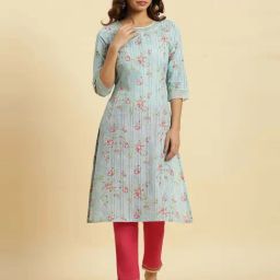 W Blue Cotton Printed Straight Kurta-image-101