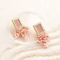 Zaveri Pearls Pink Ethnic Dazzling Austrian Diamonds & Clustered Beads Drop Earrings-ZPFK15221 image 1