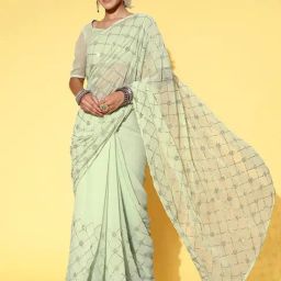 Satrani Green Embellished Saree With Unstitched Blouse-image-77