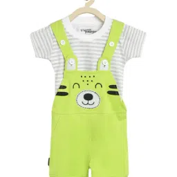 Li'l Tomatoes Kids Neon Green & White Cotton Graphic Print Dungaree-image-22