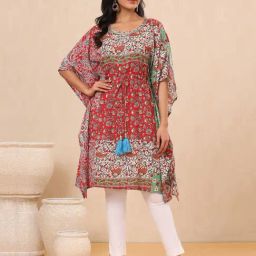 Juniper Red Floral Printed Rayon Twill Kaftan With Drawstring At Waist-image-30