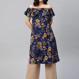 Jompers Navy Floral Print Straight Kurta-image-6