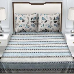BELLA CASA Genteel Stripes Grey & Blue 180 TC Cotton Bedsheet with 2 Pillow Covers-image-60