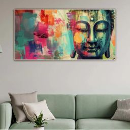 Nestroots Multicolor Canvas Buddha Head A Colorful Serenity Wall Painting - Black Floating Frame image 1