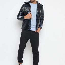 Duke Navy Blue Regular Fit Self Pattern Hooded Jacket image 5