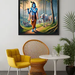 999Store Green & Blue Lord Krishna With Cows Religious Canvas Wall Art-picture-44