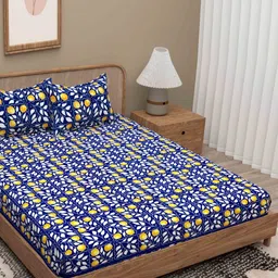 Lali Prints Blue & Yellow Floral 180 TC Queen Bedsheet with 2 Pillow Covers-image-80