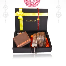 SASSORA Brown Textured Bi-Fold Wallet, Belt & Rakhi Combo Set image 5