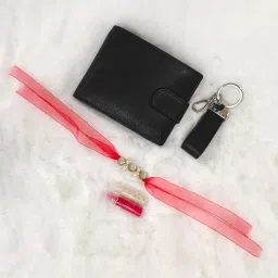 SASSORA Black Solid Bi-Fold Wallet, Keychain & Rakhi Combo Set image 5