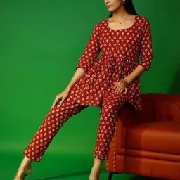 Pheeta Red Cotton Printed Tunic Pant Set image 5