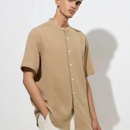 ETA by Westside Taupe Crinkle-Textured Relaxed-Fit Cotton Shirt-image-99