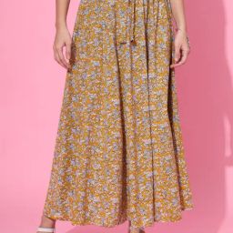 DECKEDUP Mustard Cotton Floral Print Skirt-picture-11