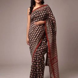Zari Jaipur Black & Beige Printed Saree With Unstitched Blouse-picture-17
